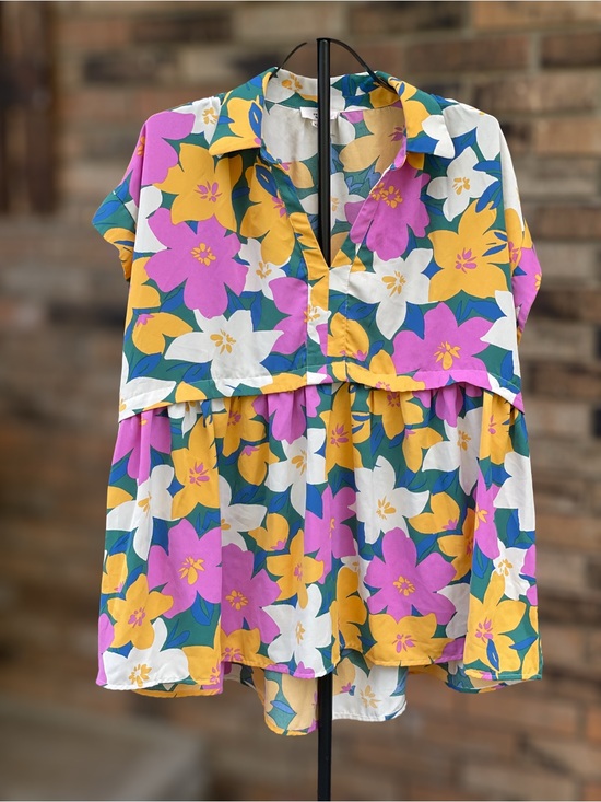 entro Tops - Entro XL Colorful Floral Print Collared Babydoll Blouse Tunic Top